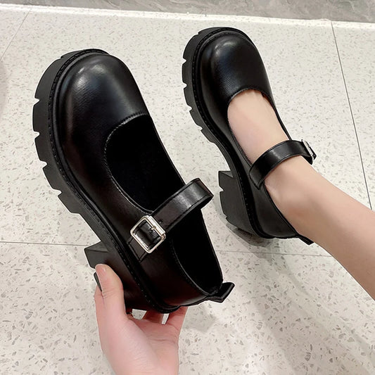 Black Ankle Buckle Platform Pumps Japanese Style Leather Shoes