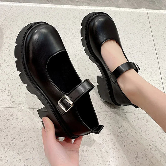 Black Ankle Buckle Platform Pumps Japanese Style Leather Shoes