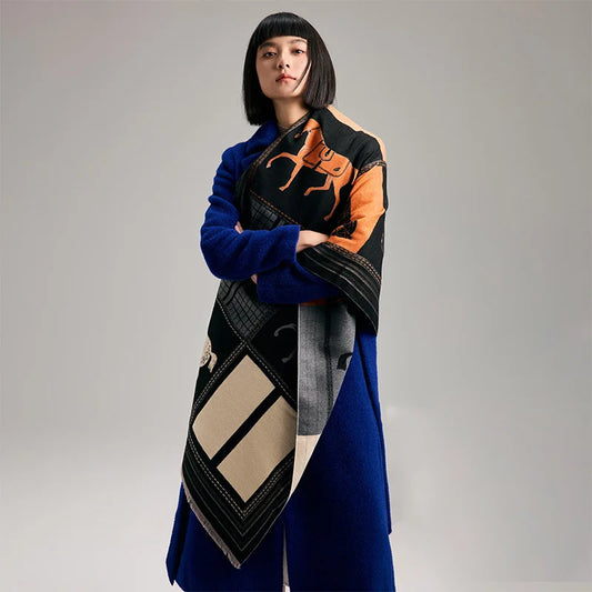 Bufandas de cachemir suave con estampado de caballos a cuadros