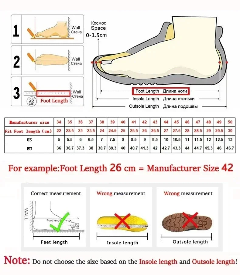 Shoe size chart with foot length measurement guide and sizing instructions for danastors online fashion shop.
