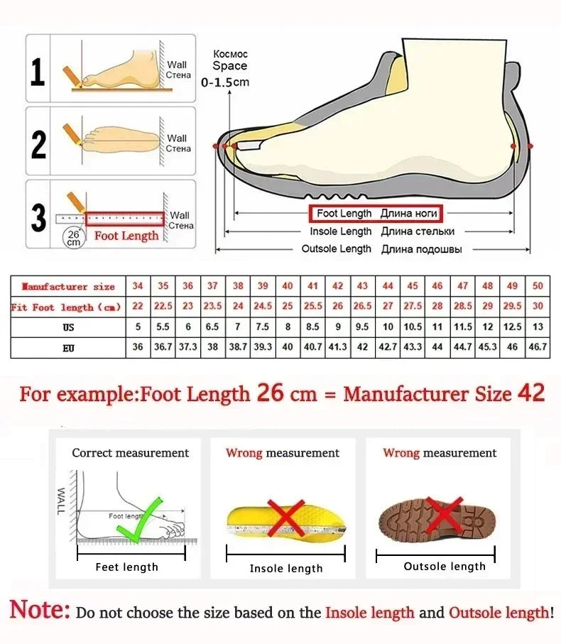 Footwear size chart with foot measurement instructions, US and EU shoe size conversions.