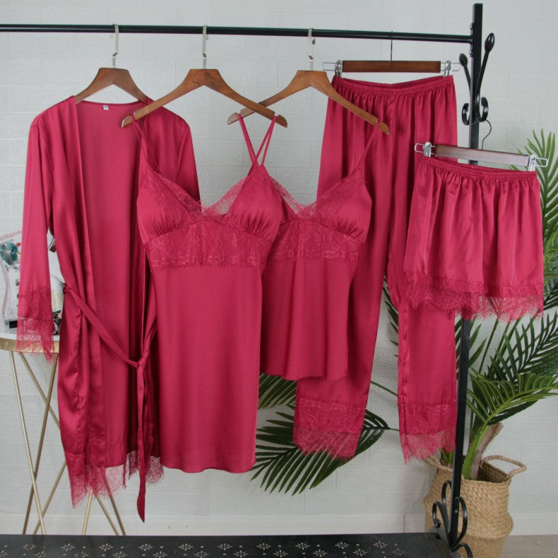 White 5PCS  Satin Sleepwear