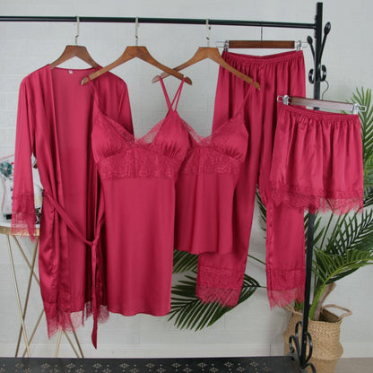 White 5PCS  Satin Sleepwear