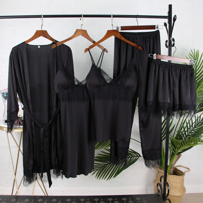 White 5PCS  Satin Sleepwear