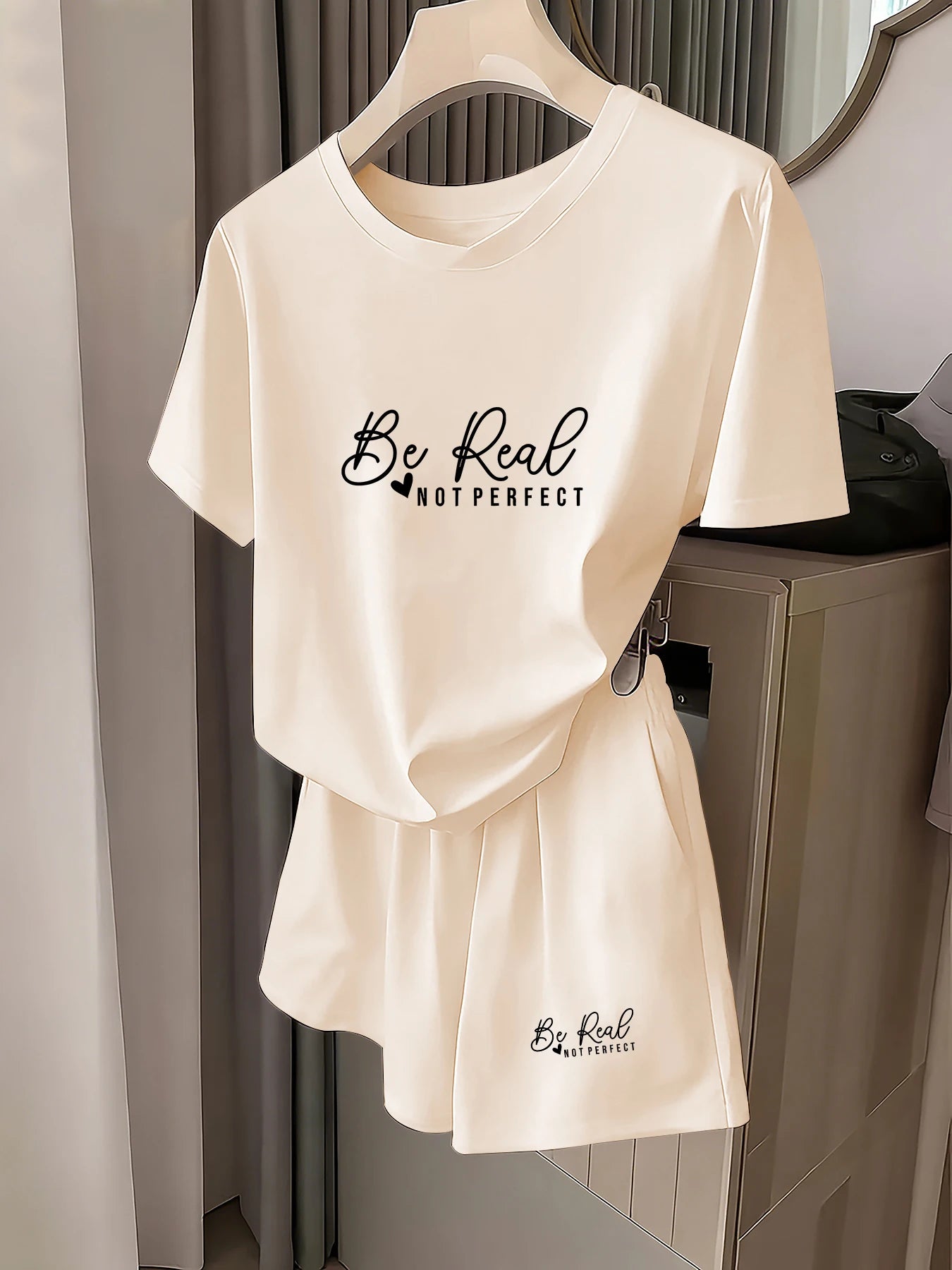 Sports Suit Be Real Not Perfect Letter Print Short Sleeve Set