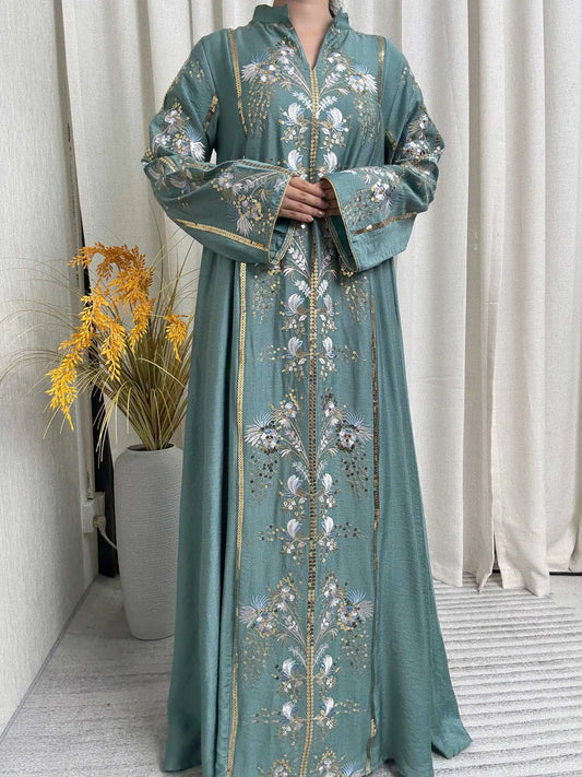 Teal Muslim Floral Embroidery Abaya
