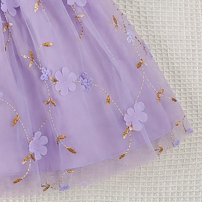 Rainbow Purple Tulle Puff Sleeve Princess Dress
