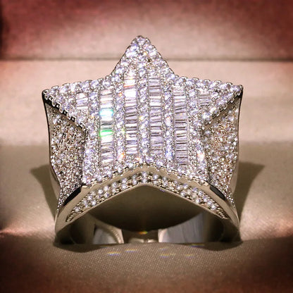 925 Silver Luxury Star Diamond White /Yellow Gold Shine Hiphop Rings