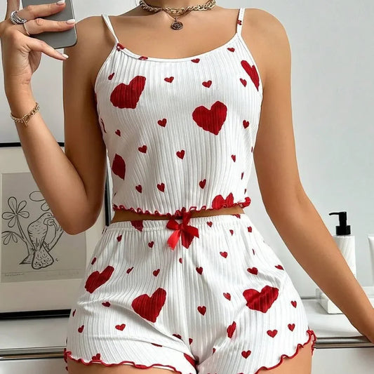 Heart Print Sleeveless Soft Sleepwear Pyjamas Set