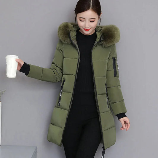 Winter Fur Collar Hooded Parka Letter Patch Zipper Pockets Long Slim Warm Thick Coats