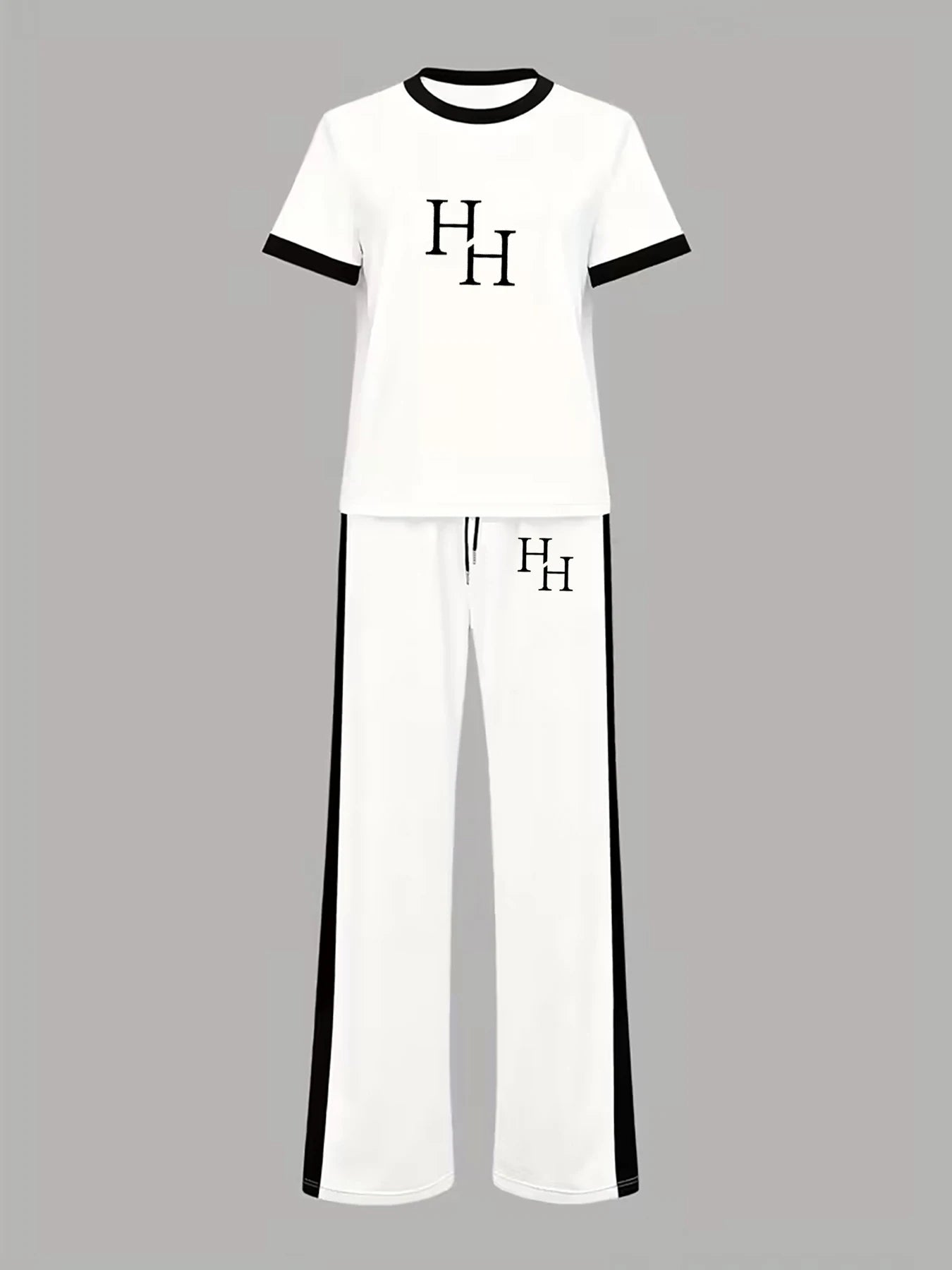 Hh Letter-Printed Black and White Short-Sleeve Casual Sports Set