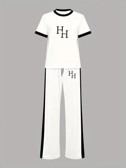Hh Letter-Printed Black and White Short-Sleeve Casual Sports Set