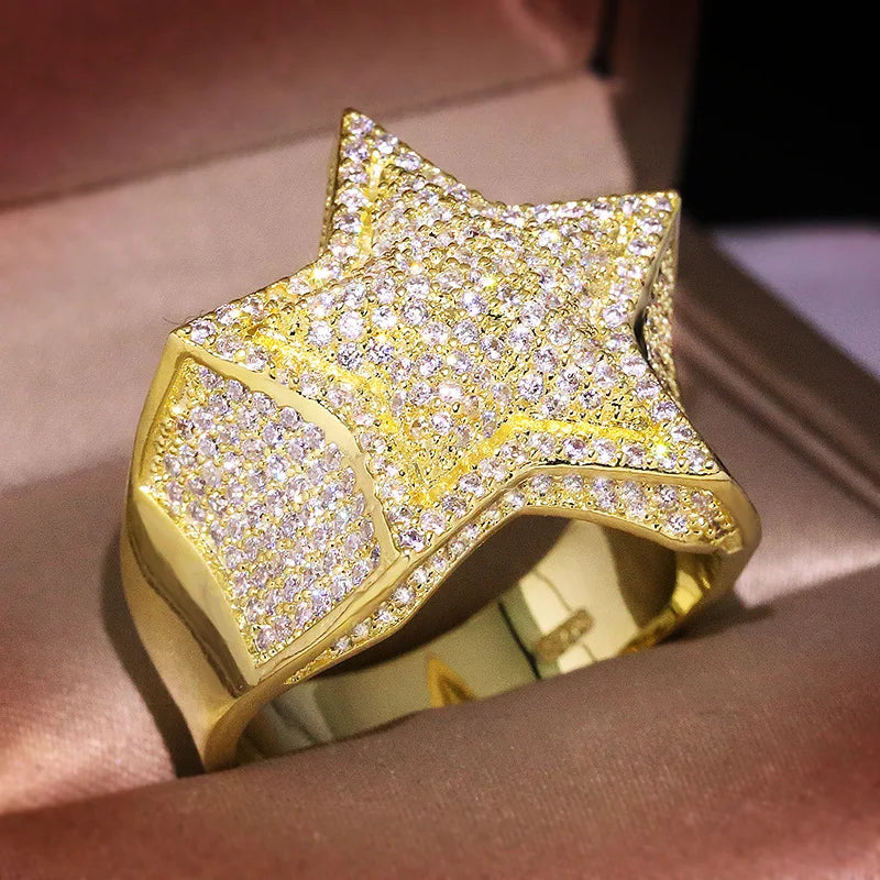 925 Silver Luxury Star Diamond White /Yellow Gold Shine Hiphop Rings