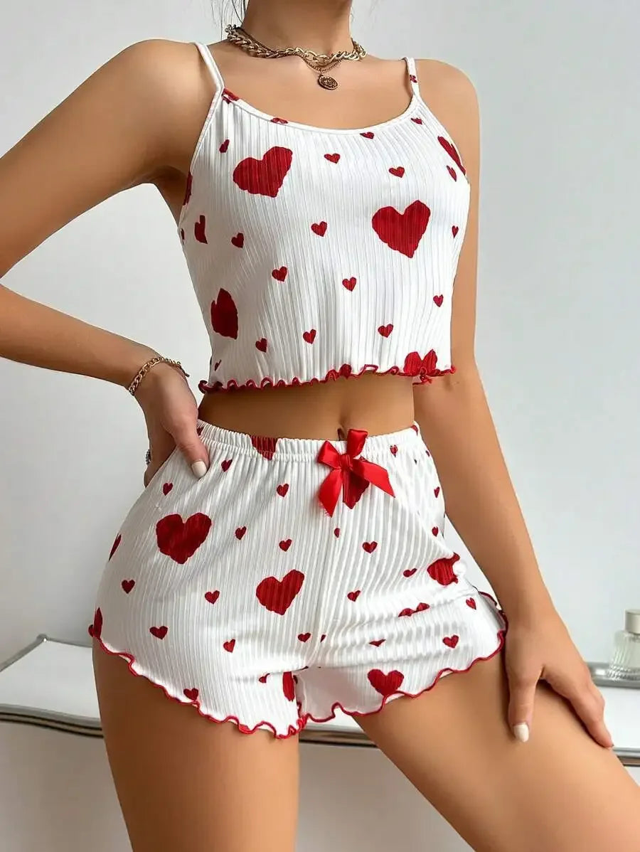 Heart Print Sleeveless Soft Sleepwear Pyjamas Set