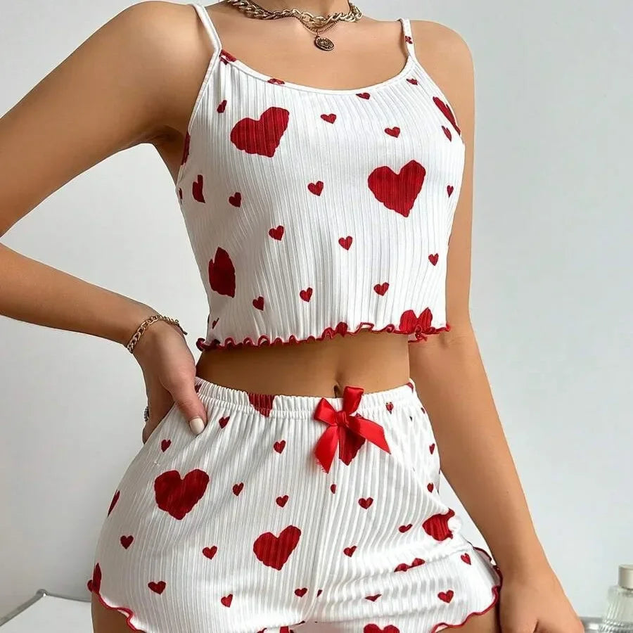 Heart Print Sleeveless Soft Sleepwear Pyjamas Set