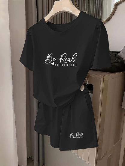 Sports Suit Be Real Not Perfect Letter Print Short Sleeve Set