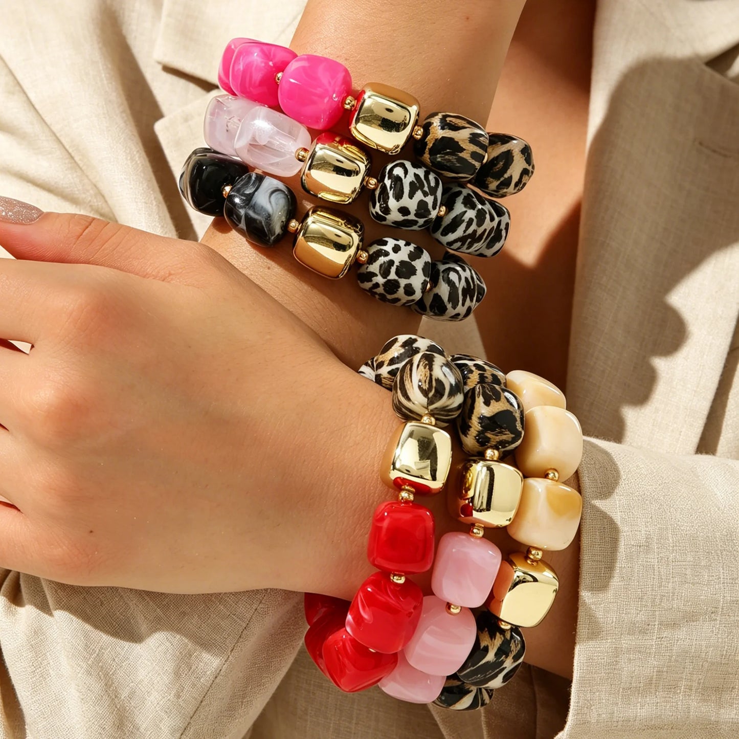 Leopard Print Acrylic Bold Multi color Marbled Resin Bead Large Gold Spacers Bracelets