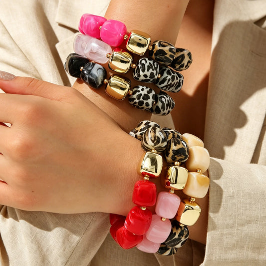 Leopard Print Acrylic Bold Multi color Marbled Resin Bead Large Gold Spacers Bracelets