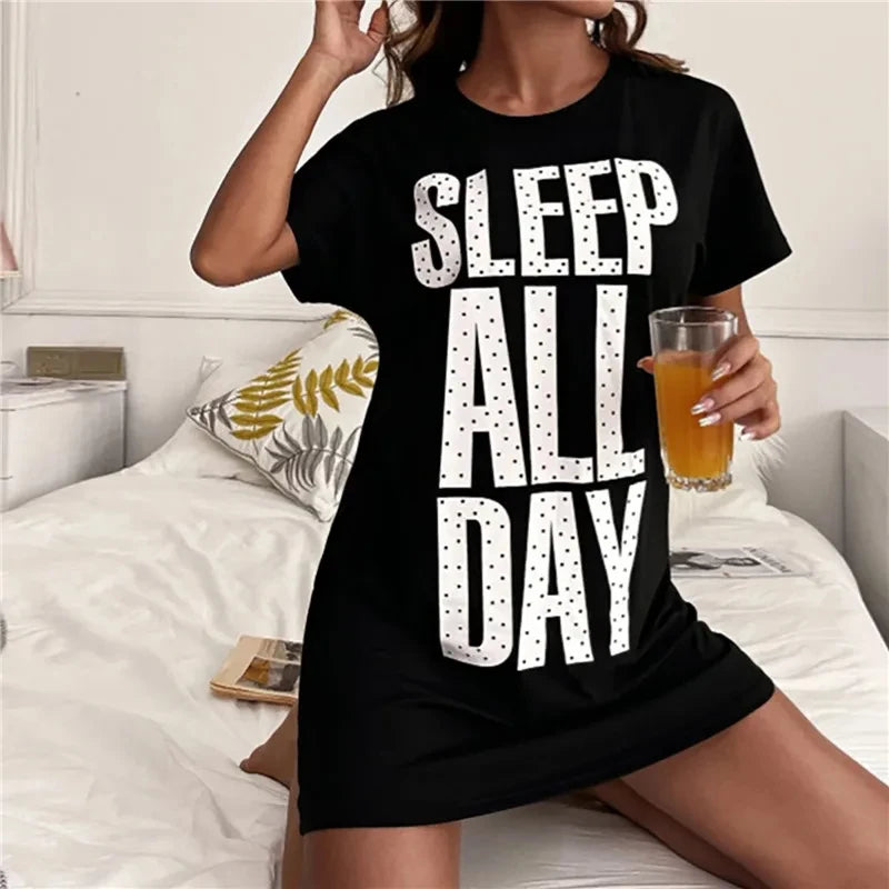 Plus Size 3D Alphabet Print Nightgowns Ice Silk Fabric Dress