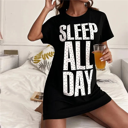 Plus Size 3D Alphabet Print Nightgowns Ice Silk Fabric Dress