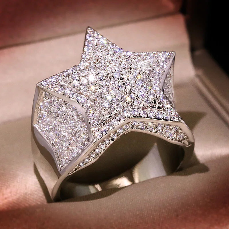 925 Silver Luxury Star Diamond White /Yellow Gold Shine Hiphop Rings