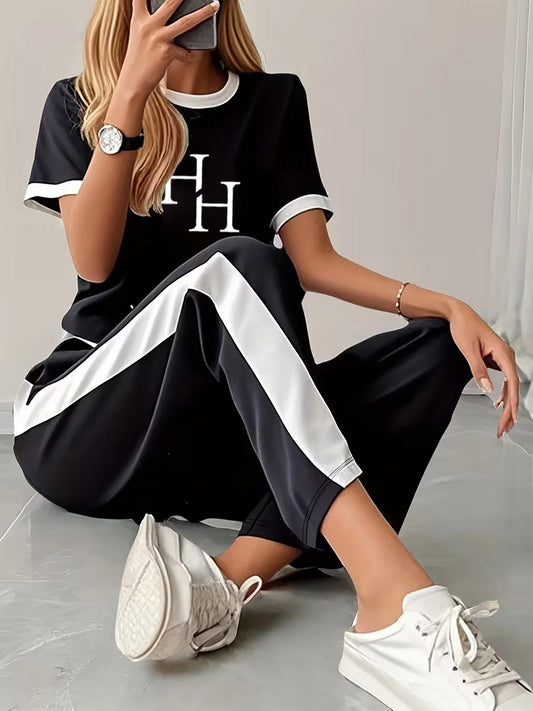 Hh Letter-Printed Black and White Short-Sleeve Casual Sports Set
