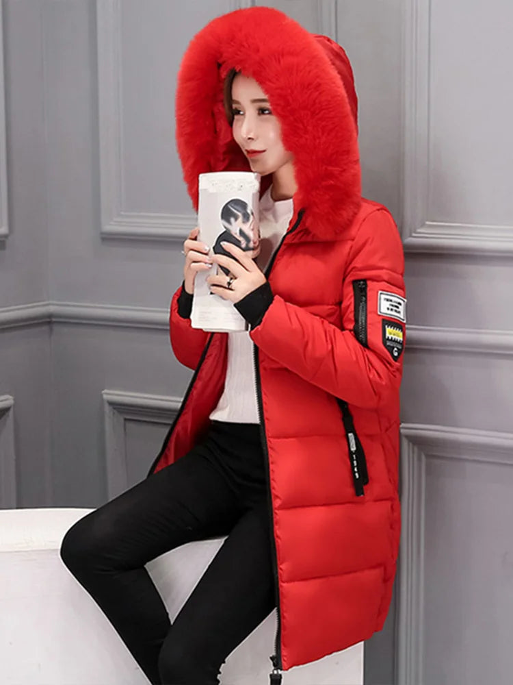 Winter Fur Collar Hooded Parka Letter Patch Zipper Pockets Long Slim Warm Thick Coats