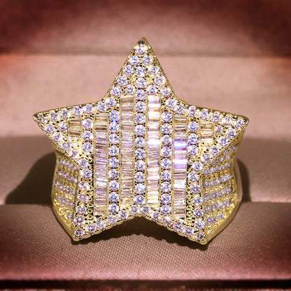 925 Silver Luxury Star Diamond White /Yellow Gold Shine Hiphop Rings