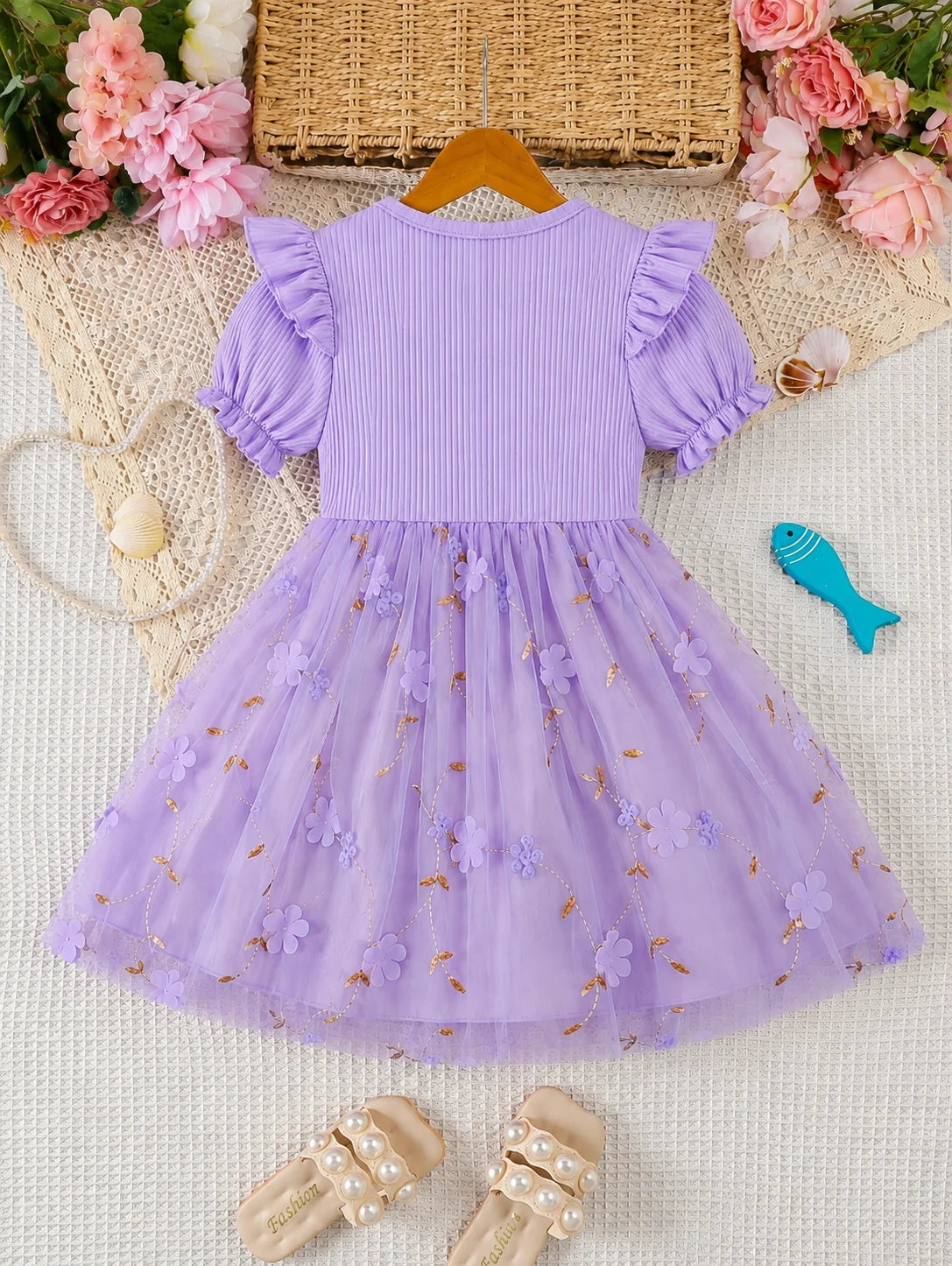Rainbow Purple Tulle Puff Sleeve Princess Dress