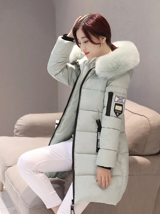 Winter Fur Collar Hooded Parka Letter Patch Zipper Pockets Long Slim Warm Thick Coats