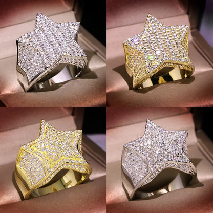 925 Silver Luxury Star Diamond White /Yellow Gold Shine Hiphop Rings