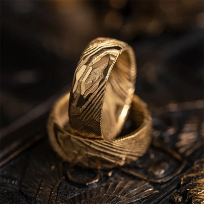 8MM Golden Damascus steel Hammered Engagement Promise Rings