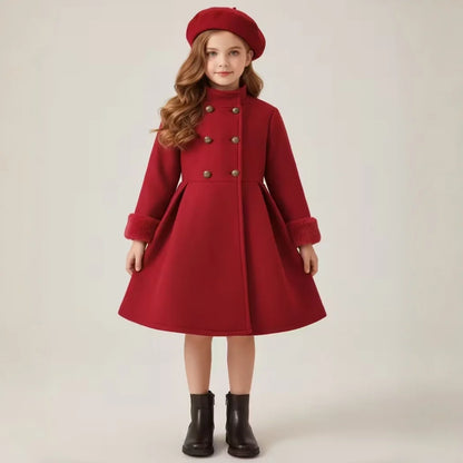 Red Fleece Coat Beret Winter Long Sleeves Warm Princess Outfit Dress