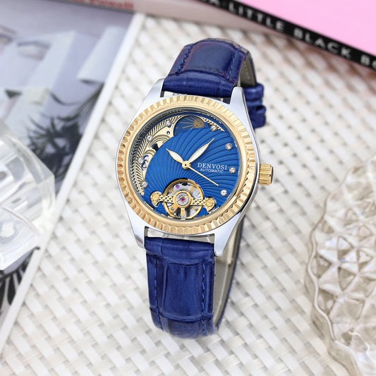 Flywheel double hollowed luminous leather watch