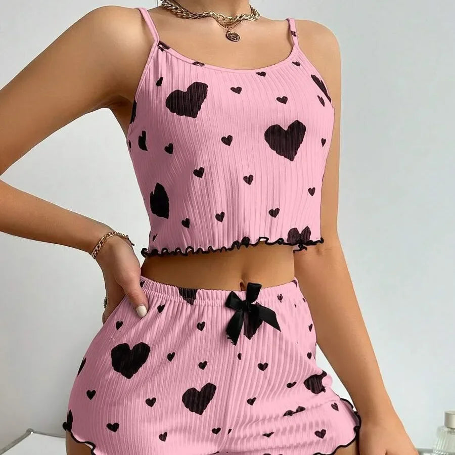 Heart Print Sleeveless Soft Sleepwear Pyjamas Set