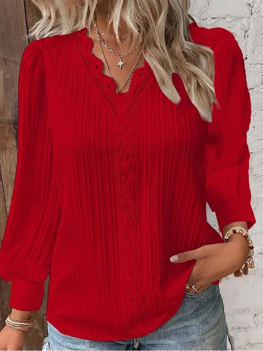 Stitching Loose V-neck Long Sleeve Pullover Chiffon Shirt