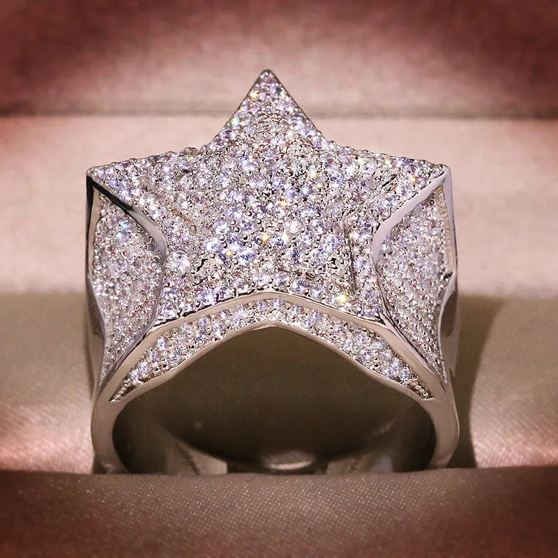 925 Silver Luxury Star Diamond White /Yellow Gold Shine Hiphop Rings