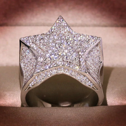925 Silver Luxury Star Diamond White /Yellow Gold Shine Hiphop Rings