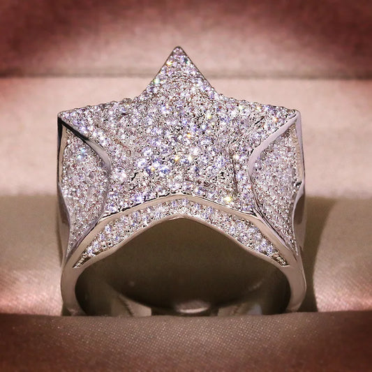 925 Silver Luxury Star Diamond White /Yellow Gold Shine Hiphop Rings