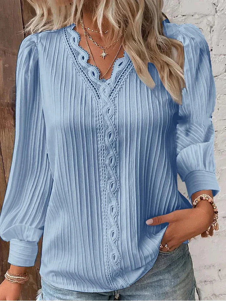 Lace Loose Stitching Long Sleeve Chiffon Shirt Blouse