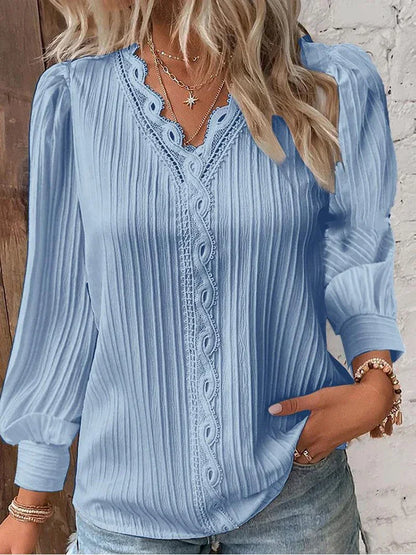 Stitching Loose V-neck Long Sleeve Pullover Chiffon Shirt
