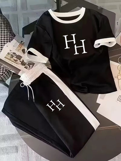 Hh Letter-Printed Black and White Short-Sleeve Casual Sports Set