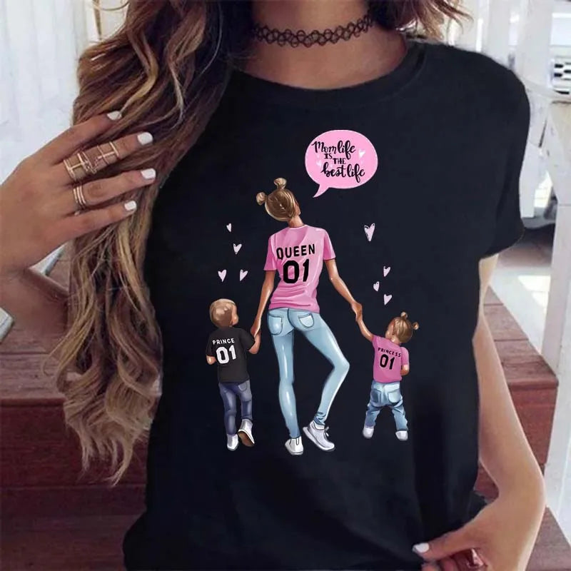 Cartoon Mom Mother Boy Girl Print Mother Lady T-shirts