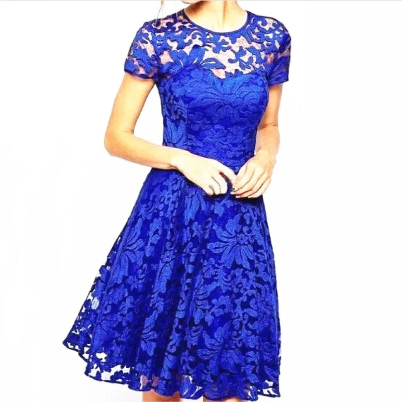 Sexy Floral Lace Round Neck Short Sleeve Vintage Slim Dress