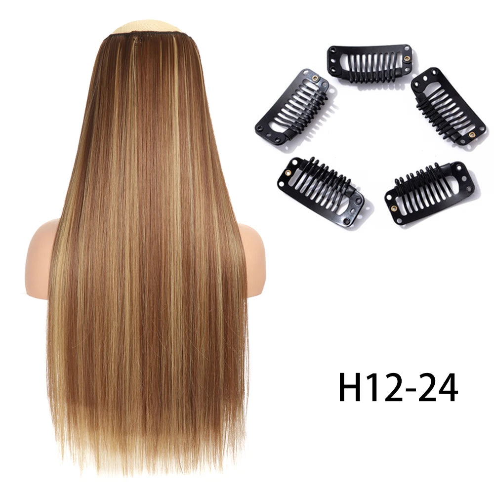 Synthetic Long Straight Clip In One Piece Hair Extension 5 Clips Fake Hair