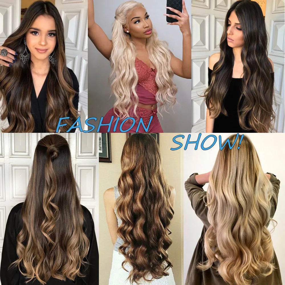 5 Clips Long Wavy Clip In Hair Extensions Synthetic Heat Resistant One Piece False Blonde