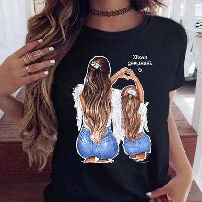 Cartoon Mom Mother Boy Girl Print Mother Lady T-shirts