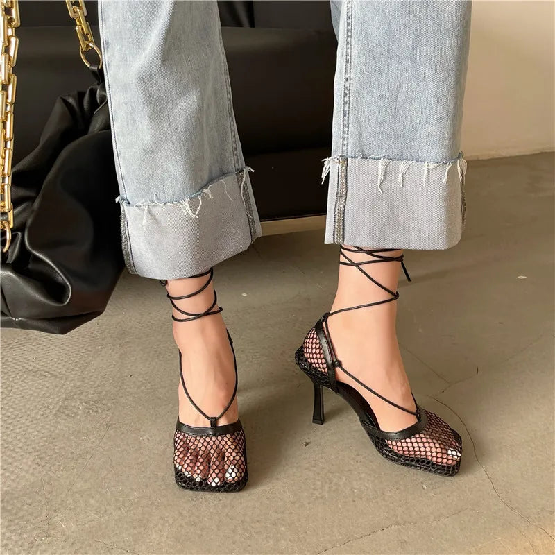 Mesh Square Toe Stiletto High Heels Pumps Ankle Lace-Up Elegant Shoes