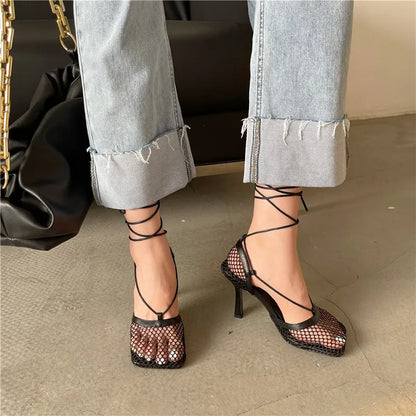 Mesh Square Toe Stiletto High Heels Pumps Ankle Lace-Up Elegant Shoes