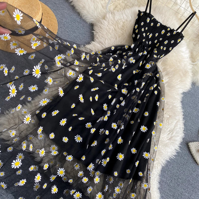 Korean Daisy Flower Print Mesh Dress